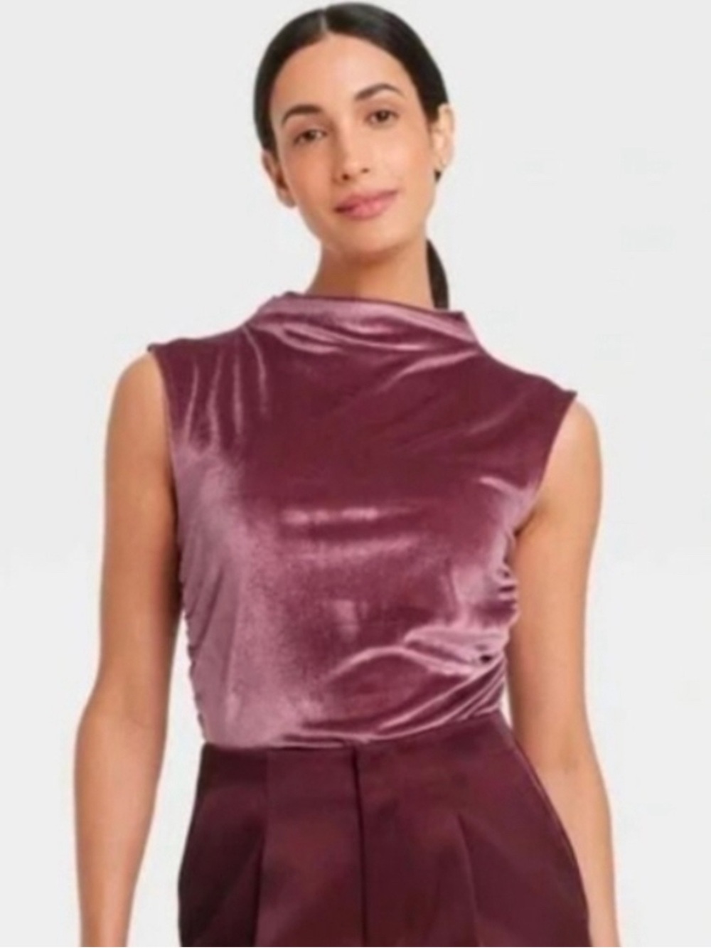 A New Day Women’s Sleeveless Velvet Mock Neck Ruched Top in Dusty Rose